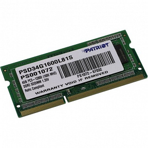 Patriot (PSD34G1600L81S) DDR3 SODIMM  4Gb  (PC3-12800)  CL11 (for  NoteBook)