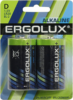 Ergolux (LR20 BL-2) Size D, щелочной  (alkaline)  (уп. 2  шт)