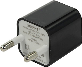 Orient (PU-2301 Black) Зарядное устройство USB (Вх. AC110-240V,Вых. DC5V,  USB 1A)